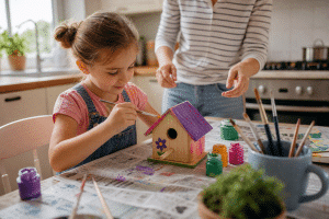 fun activities for kids at home — child working on a creative craft project with parent