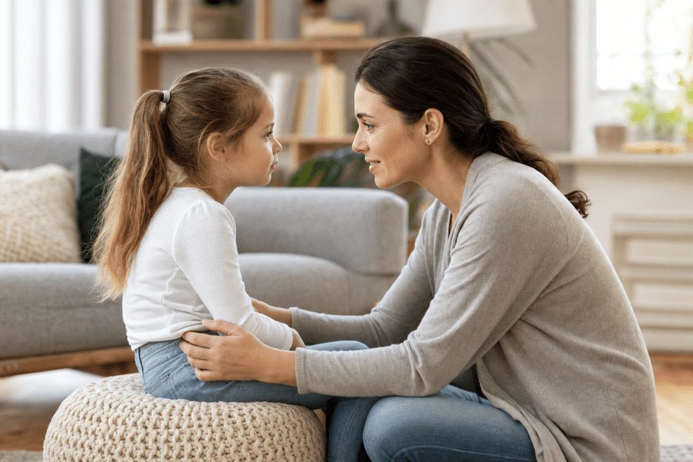 positive parenting discipline techniques - mother talking calmly with child