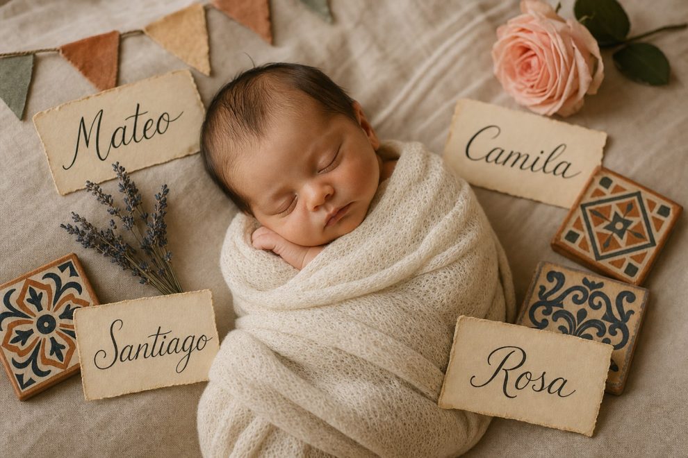 36 Beautiful Spanish Baby Names & Their Meanings 15 Beautiful spanish baby names collection in warm golden light with terracotta tiles and a vintage paper accent