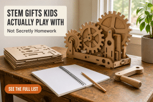 A kids' desk with a wooden gear-and-pulley building kit mid-build in warm morning light