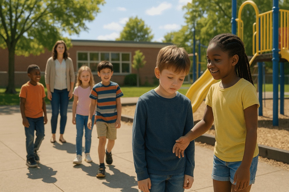 stop bullying child showing kindness to another child on playground