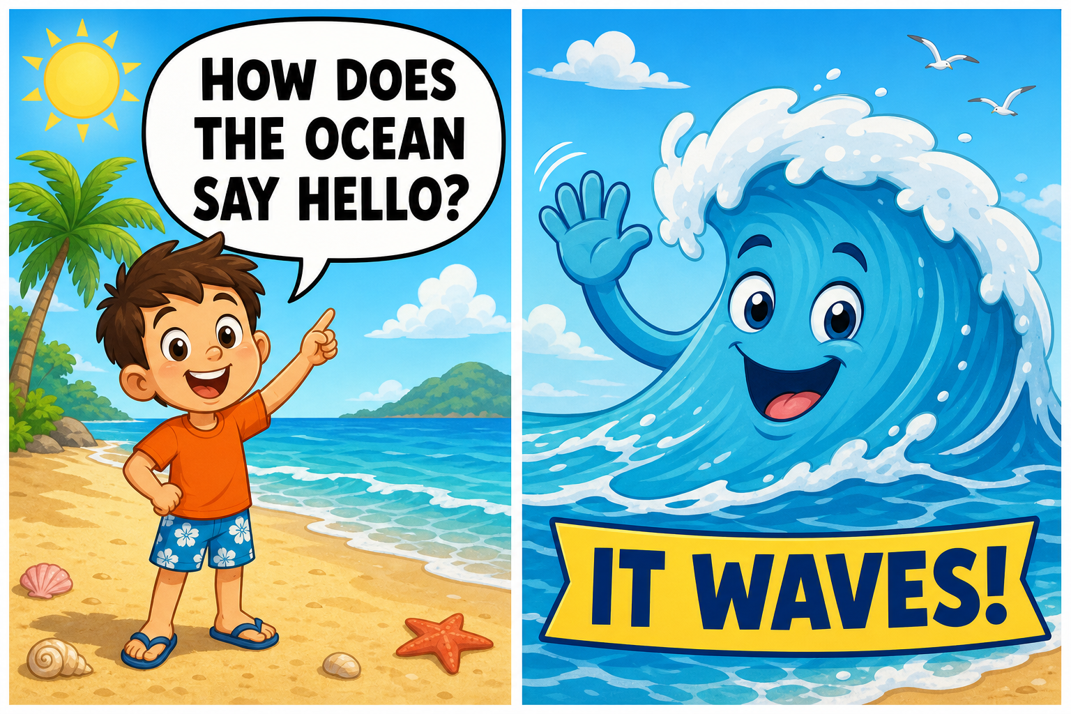 Dad Jokes for Kids 17 Dad joke comic for kids: how does the ocean say hello? It waves!