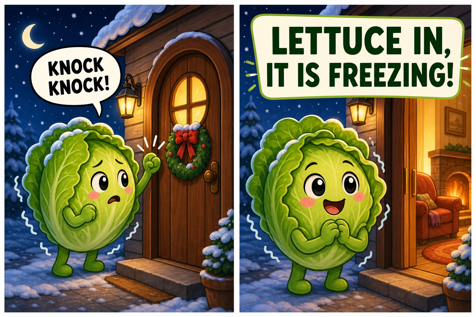 Knock Knock Jokes for Kids 16 Knock knock jokes for kids comic: lettuce in, it is freezing!