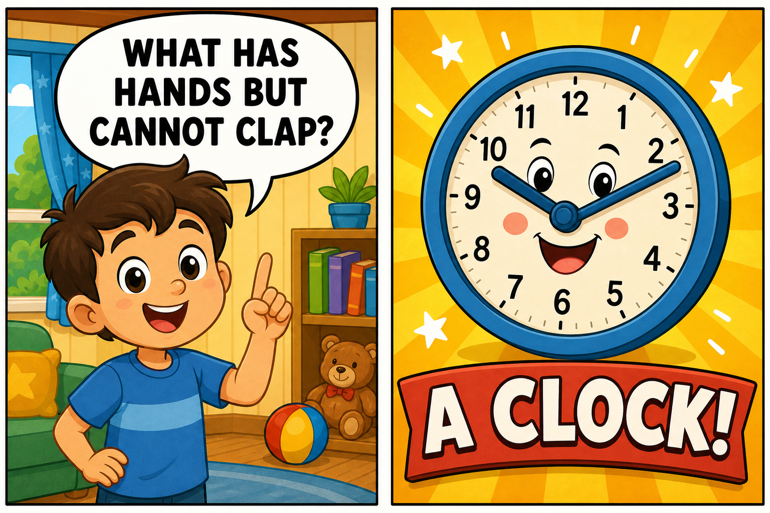 Riddles for Kids 17 Riddle for kids comic: what has hands but cannot clap? A clock!