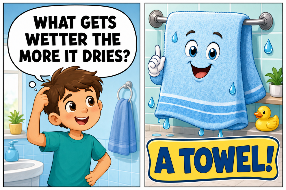 Riddles for Kids 15 Riddles for kids comic: what gets wetter the more it dries? A towel!