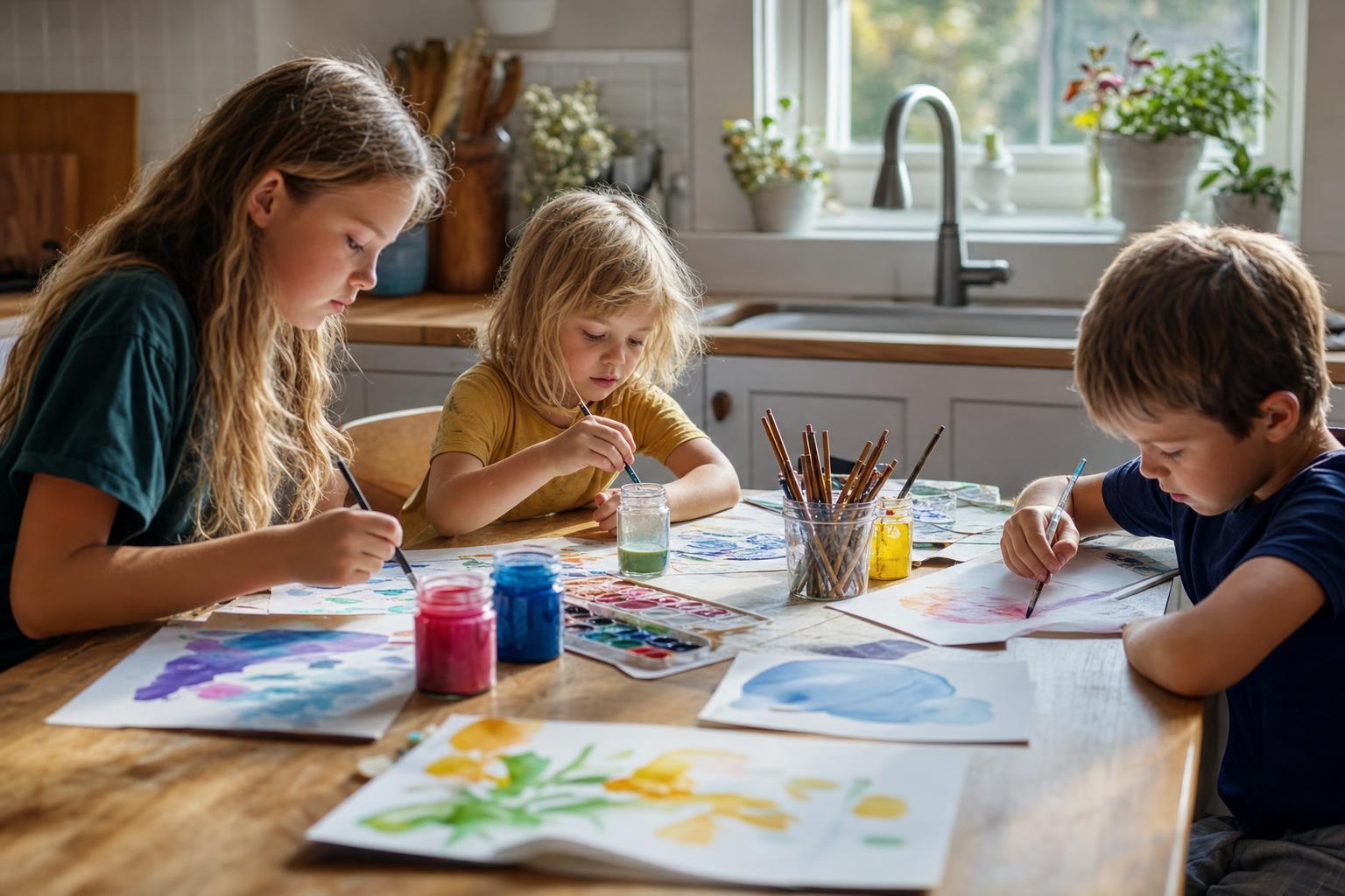 Summer Activities for Kids: Simple, Joyful Ideas for Every Family 8 Children at a kitchen table with watercolors and paper on a summer morning, paint jars and brushes spread out, natural light from a window, creative and focused.