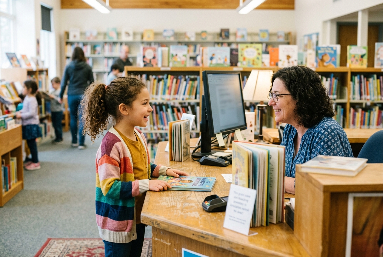 Summer Activities for Kids: Simple, Joyful Ideas for Every Family 9 A child at a library summer reading program counter, checking in with a librarian, both smiling, bright library setting with books visible in the background.