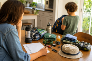 How to choose a summer camp with a parent reviewing options and gear