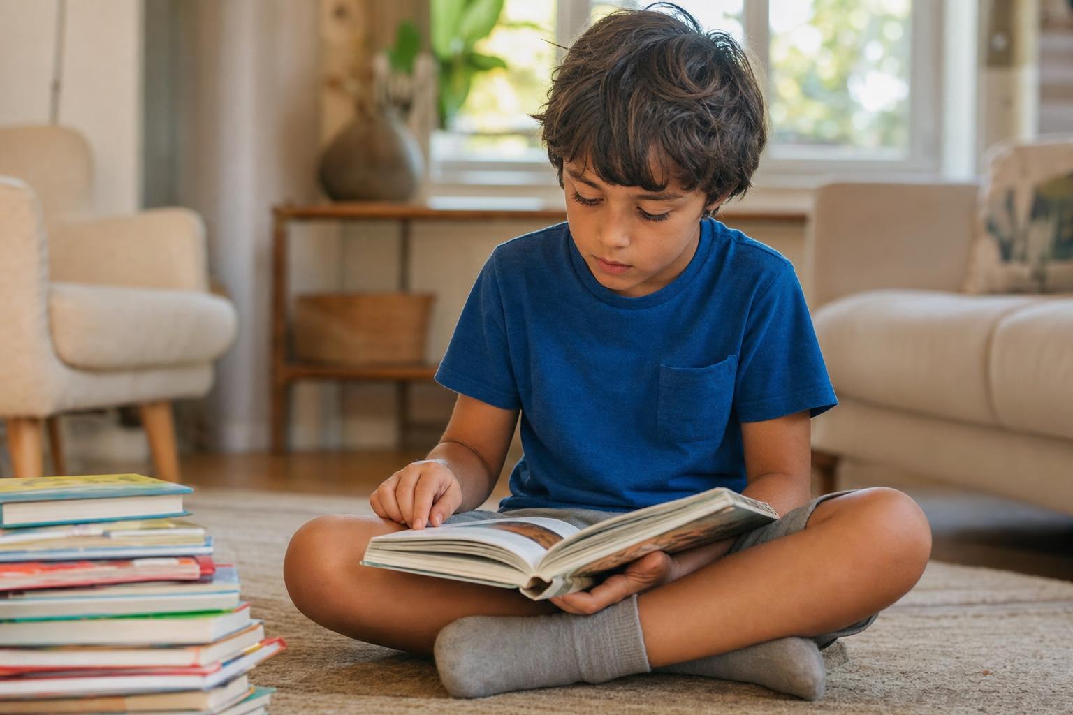 How to Prevent Summer Learning Loss: Simple, Joyful Ways to Keep Kids Sharp 16 A child sitting cross-legged on the floor surrounded by a stack of library books on a sunny summer day, absorbed in reading, showing a simple habit that prevents summer learning loss