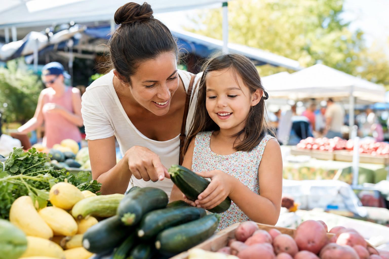 How to Prevent Summer Learning Loss: Simple, Joyful Ways to Keep Kids Sharp 17 A parent and child counting fresh produce together at an outdoor farmers market on a summer morning, smiling, showing real-life math that prevents summer learning loss