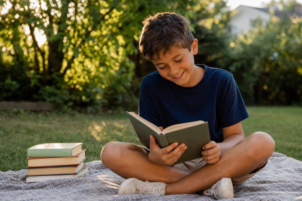 Summer Reading List for 10 Year Olds: Smart Picks They'll Love 15 Summer reading list for 10 year olds — a happy 10-year-old child reading a book outdoors on a sunny day with a small stack of books nearby.