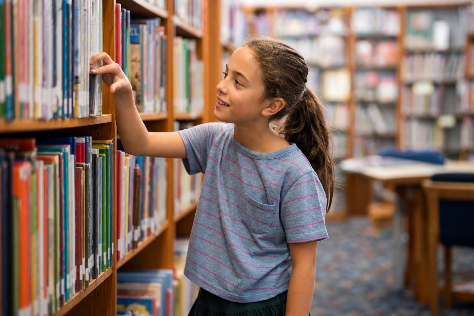 Summer Reading List for 10 Year Olds: Smart Picks They'll Love 16 A 10-year-old child browsing books on a library shelf and choosing one to read.