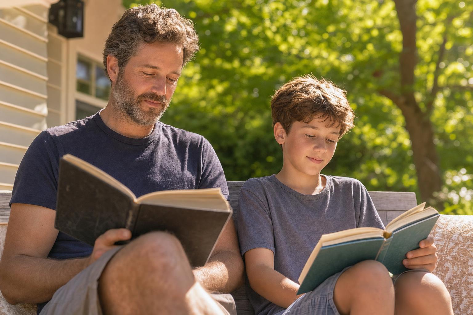 Summer Reading List for 10 Year Olds: Smart Picks They'll Love 17 A parent and a 10-year-old child reading books together on a sunny porch.