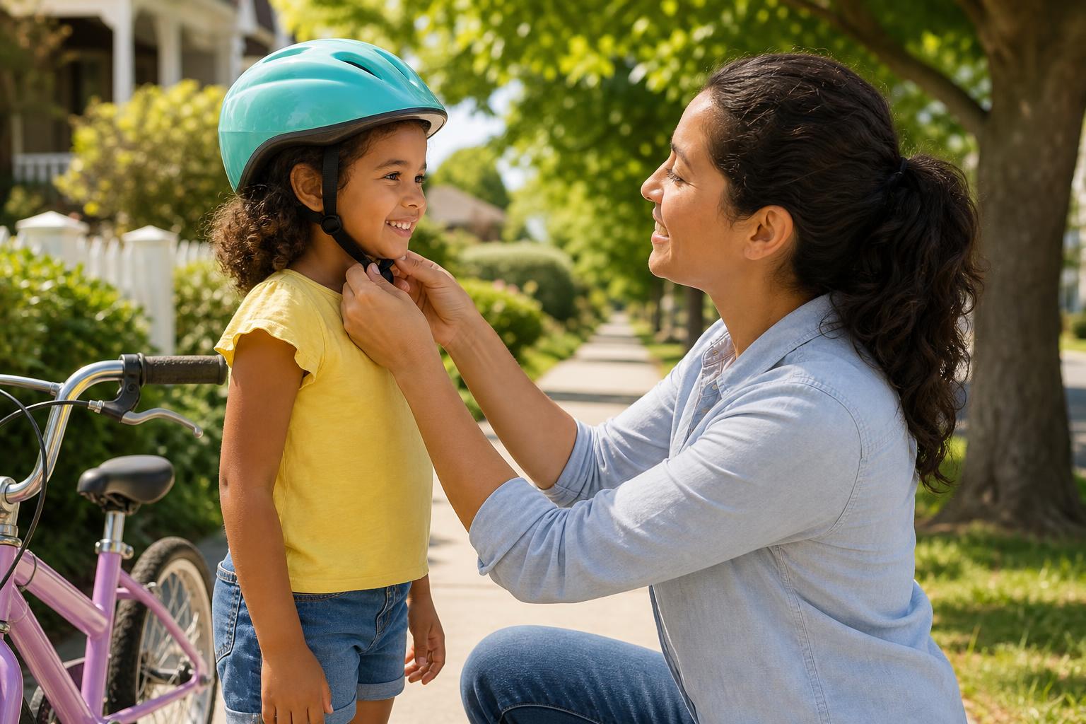 Summer Safety Tips for Kids: Simple Steps for a Happy, Worry-Free Summer 17 A parent kneeling to fit a bike helmet snugly on a young child outdoors on a sunny street, both smiling, showing safe summer play habits for kids