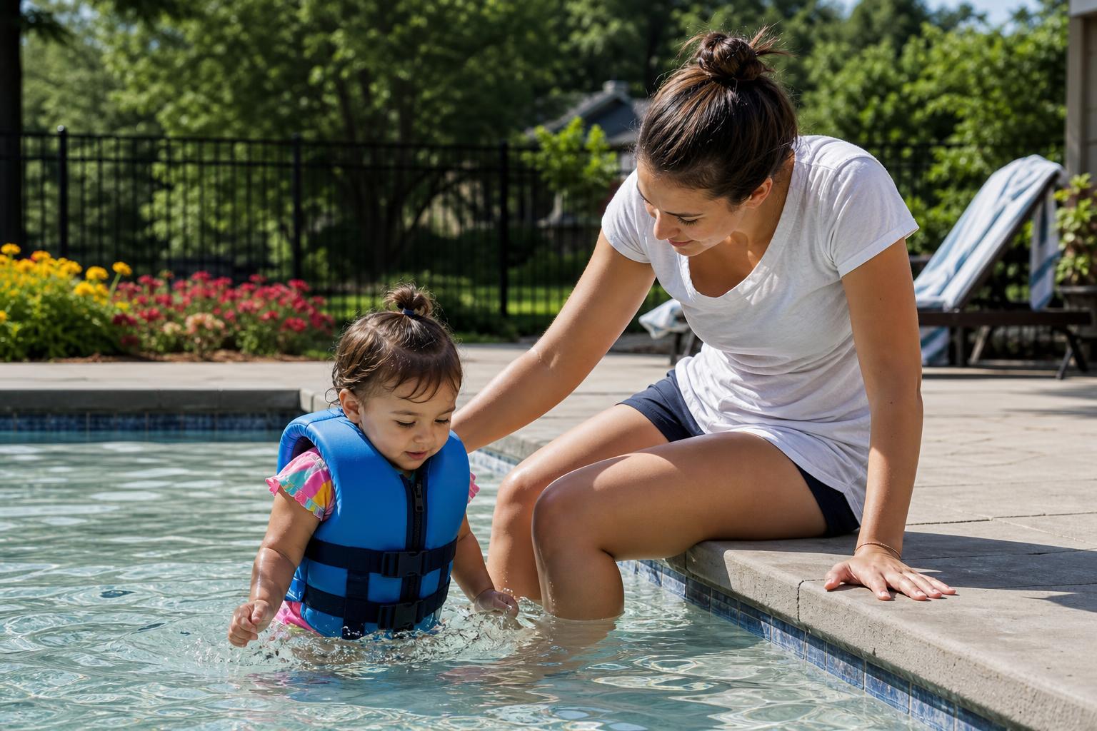 Summer Safety Tips for Kids: Simple Steps for a Happy, Worry-Free Summer 16 A watchful parent sitting at the edge of a pool within arm's reach of a young child wearing a life jacket, calm attentive summer water safety scene