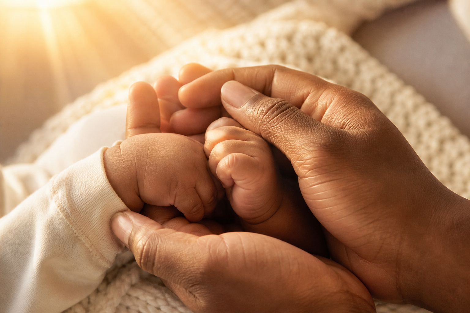 Names That Mean Sun: 50+ Radiant Picks for Your Baby 17 A parent's hands cradling a baby's hands in warm golden sunlight
