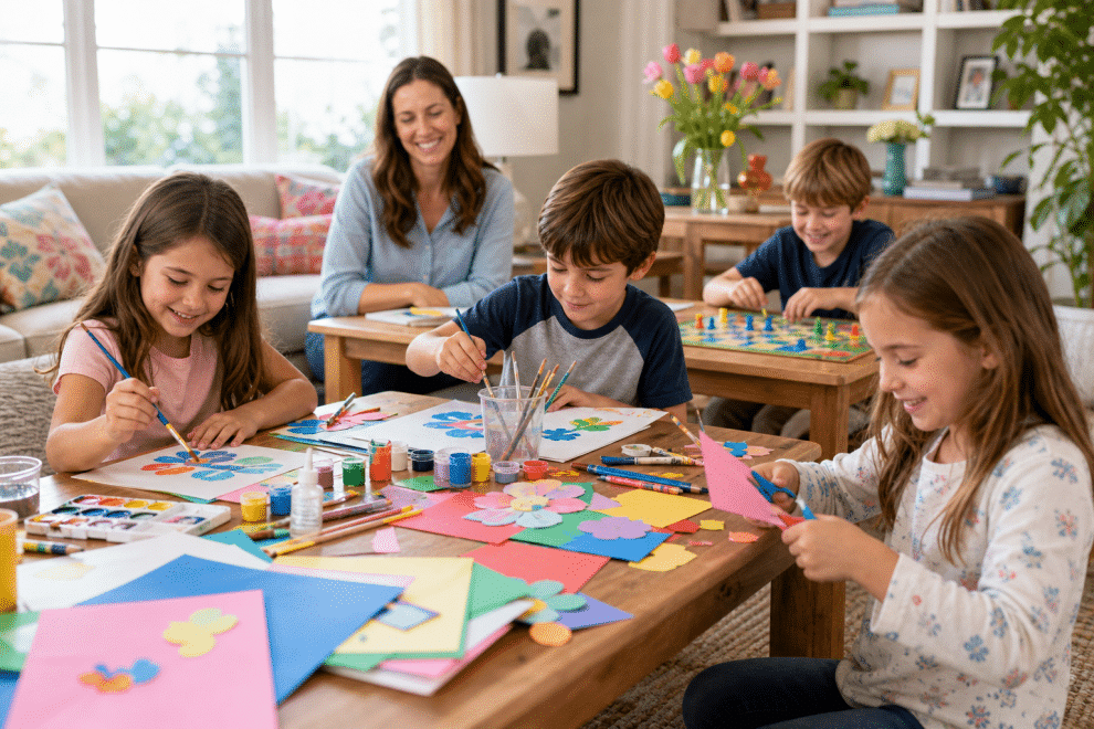 Spring break activities for kids at home — children doing crafts and creative play