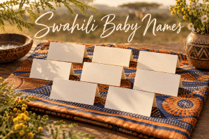 Collection of Swahili baby names on warm cream name cards in a sunlit East African setting with woven kanga cloth, acacia leaves, and golden light