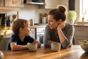 stop fighting with kids - parent and child having calm conversation at kitchen table