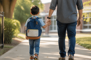 helping kids cope with change — child and parent walking to school hand in hand on a sunny morning