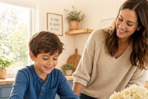 teaching kids responsibility as a young child sets the dinner table while a smiling mom helps in a warm kitchen