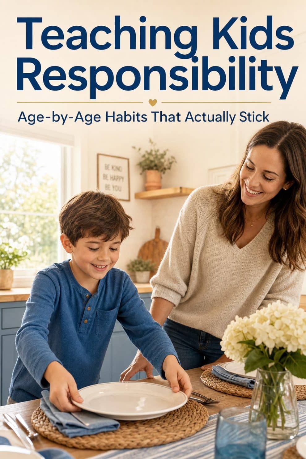 teaching kids responsibility as a young child sets the dinner table while a smiling mom helps in a warm kitchen