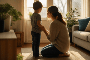 teaching kids self esteem — parent sharing an encouraging moment with child at home