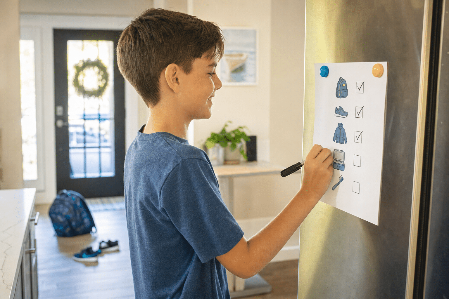 Warm editorial photo of a school-age child checking off a morning routine list on the fridge with a backpack ready by the door, showing a practical way of teaching kids time management at home