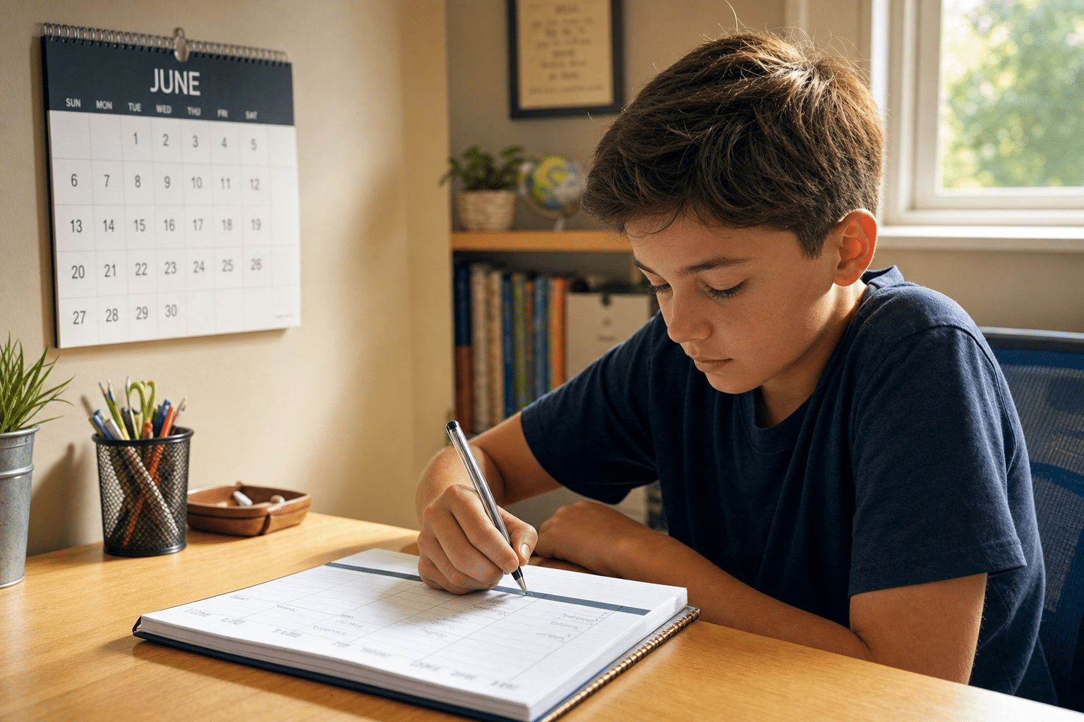 An older child writing assignments in a weekly planner at a desk, showing the ownership stage of kids time management