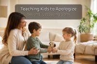 Teaching Kids to Apologize and Mean It: 6 Steps Beyond "Say Sorry" 1 Teaching kids to apologize — a parent kneeling to gently guide two young children through making up after a squabble, with a legible baked-in headline