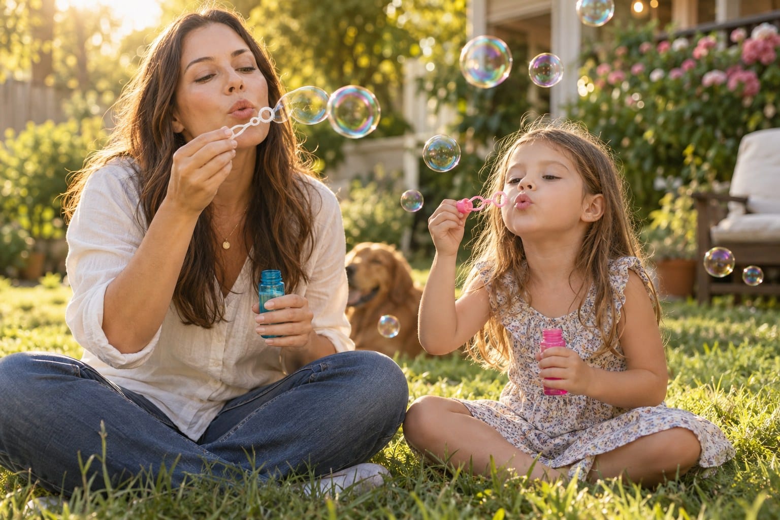 A parent and child sitting together blowing bubbles in a sunny backyard, both relaxed and focused on slow breathing — a calm-body tool that helps a child ride out the hard moment of waiting