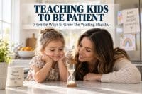 A warm mother kneeling to her preschooler's level in a sunny kitchen, both smiling gently as they watch a small sand timer on the counter together while teaching kids to be patient, with a legible baked-in headline "Teaching Kids to Be Patient" and subline "7 Gentle Ways to Grow the Waiting Muscle" — a warm, hopeful scene about helping a child learn to wait