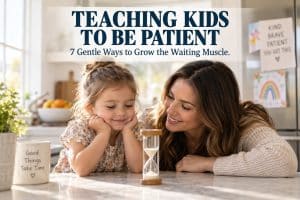 A warm mother kneeling to her preschooler's level in a sunny kitchen, both smiling gently as they watch a small sand timer on the counter together while teaching kids to be patient, with a legible baked-in headline "Teaching Kids to Be Patient" and subline "7 Gentle Ways to Grow the Waiting Muscle" — a warm, hopeful scene about helping a child learn to wait