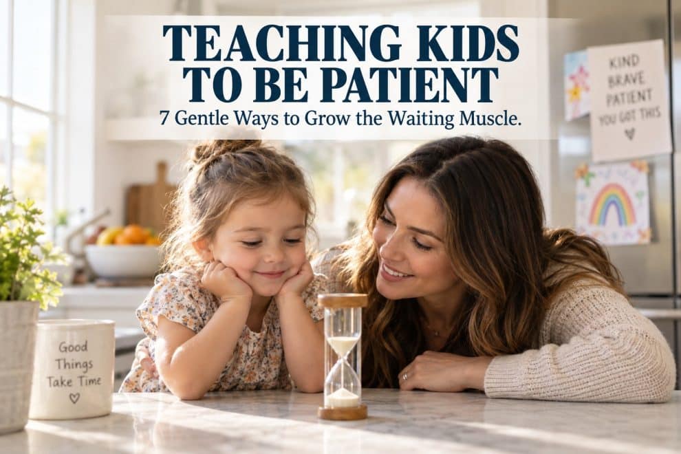 A warm mother kneeling to her preschooler's level in a sunny kitchen, both smiling gently as they watch a small sand timer on the counter together while teaching kids to be patient, with a legible baked-in headline "Teaching Kids to Be Patient" and subline "7 Gentle Ways to Grow the Waiting Muscle" — a warm, hopeful scene about helping a child learn to wait