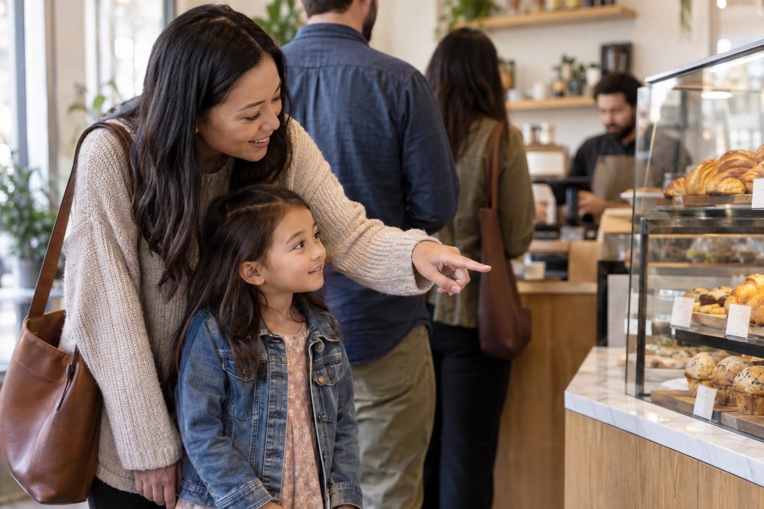 A warm, realistic photo of a parent and young child waiting together in a line at a cafe or shop, the parent calm and smiling gently while pointing something out to the child to pass the time — an everyday moment showing how modeling patience helps when teaching kids to be patient