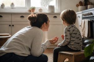 teaching kids manners — parent teaching a young child with a warm, attentive conversation