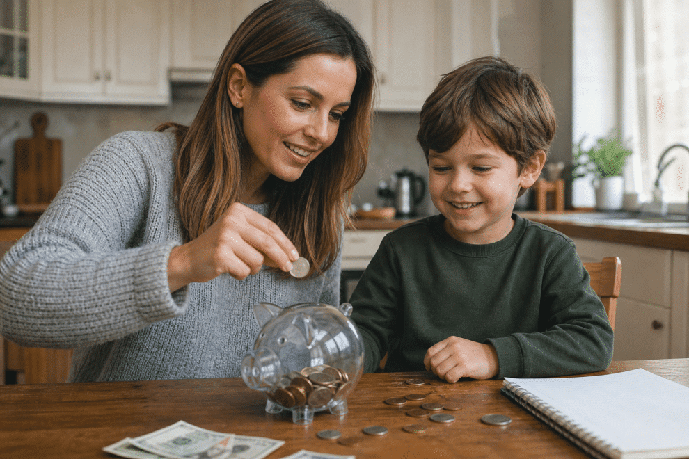 teaching kids about money parent and child counting coins at kitchen table