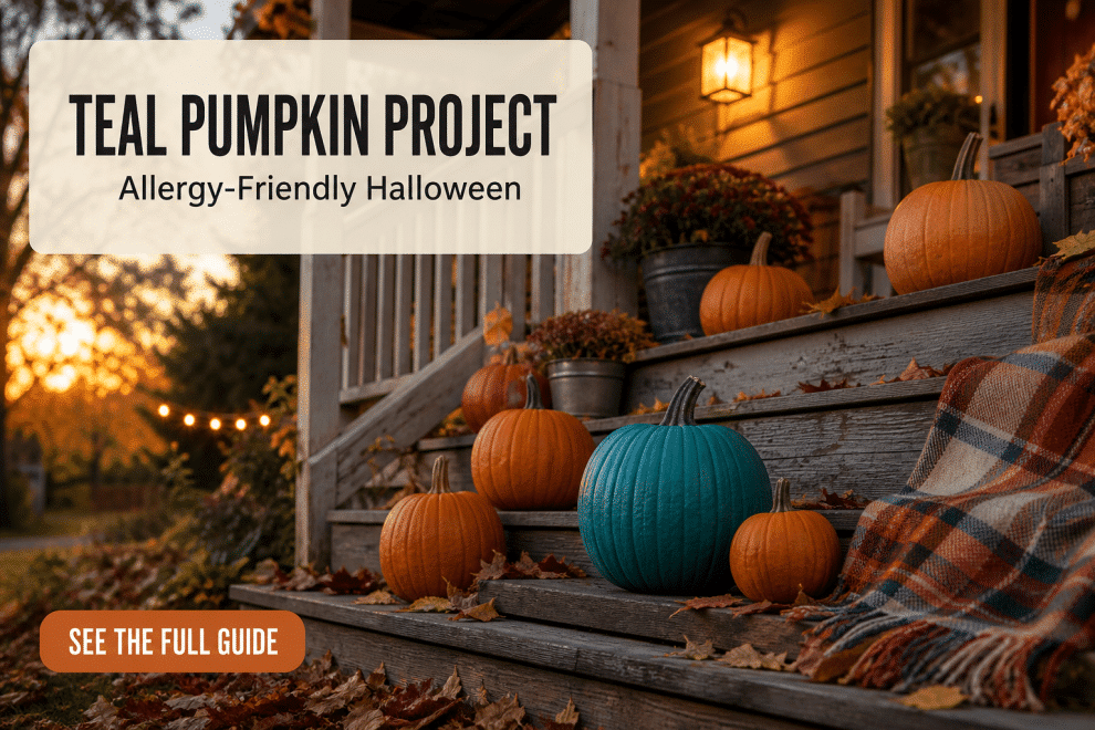 Teal pumpkin on a porch step at dusk with autumn leaves and warm string lights, allergy friendly halloween decoration
