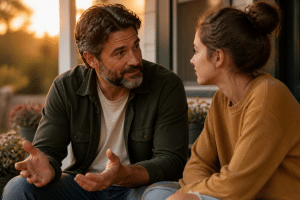 Parent and teenager having a heartfelt conversation