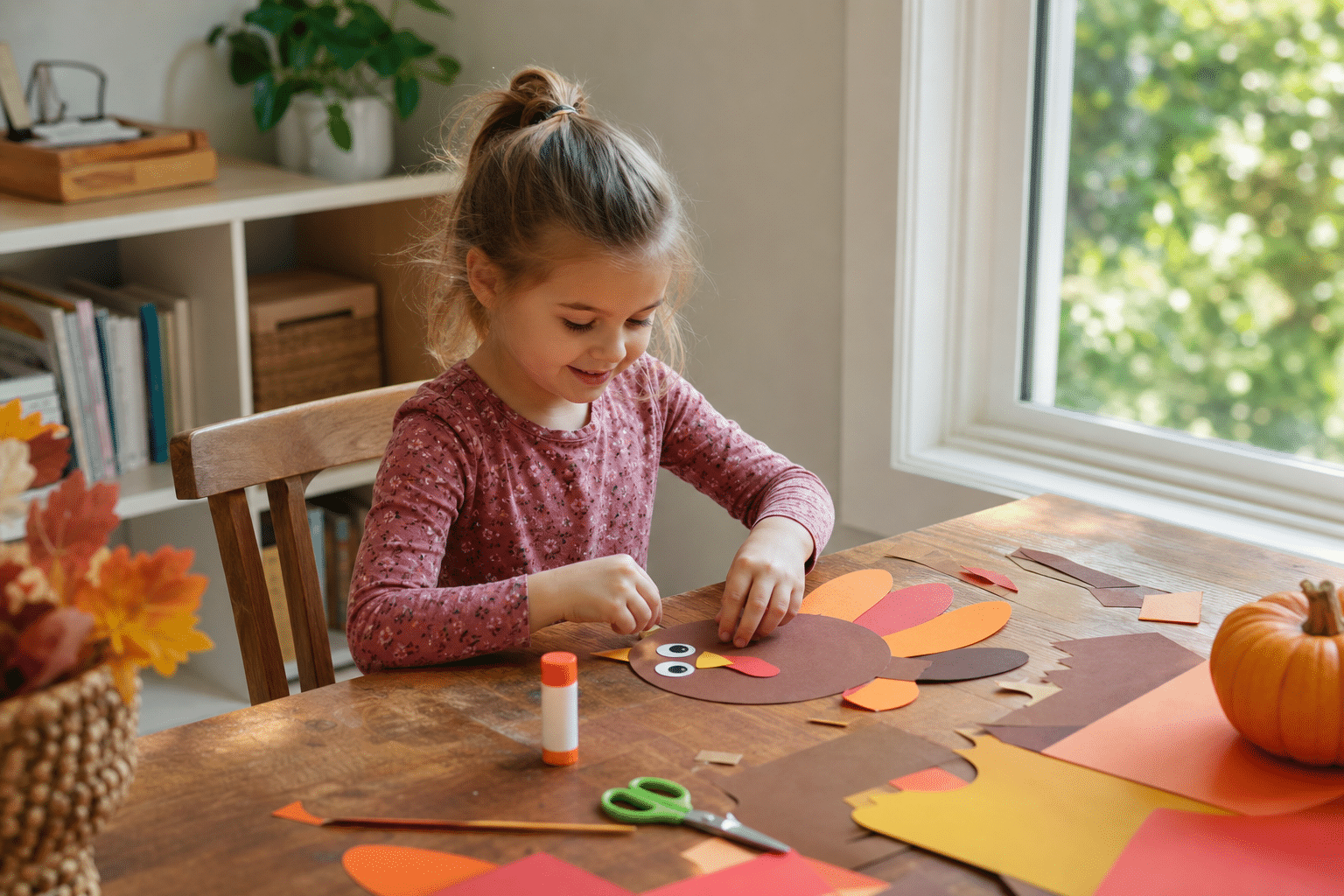 thanksgiving projects for homeschoolers - child making paper turkey craft with construction paper at home table