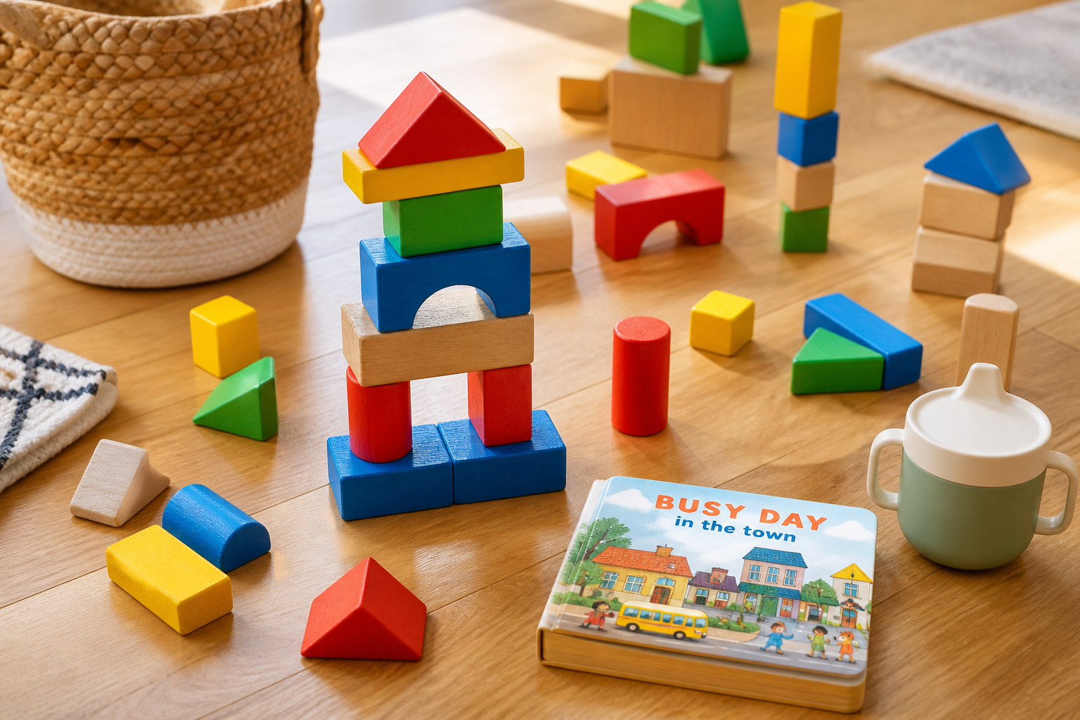 The Second Year - Baby Milestones 17 baby milestones second year — wooden blocks and toddler toys on a wooden floor