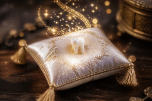 tooth fairy ideas — magical tooth on a pillow with sparkles