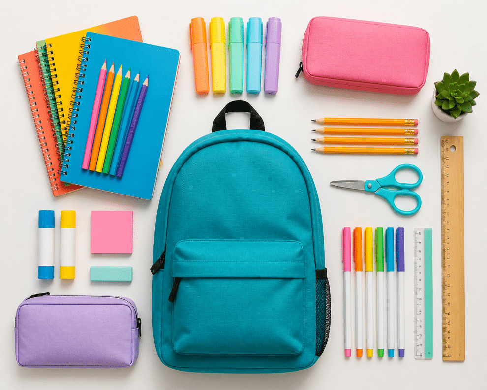 back to school shopping supplies organized flat lay pencils notebooks backpack