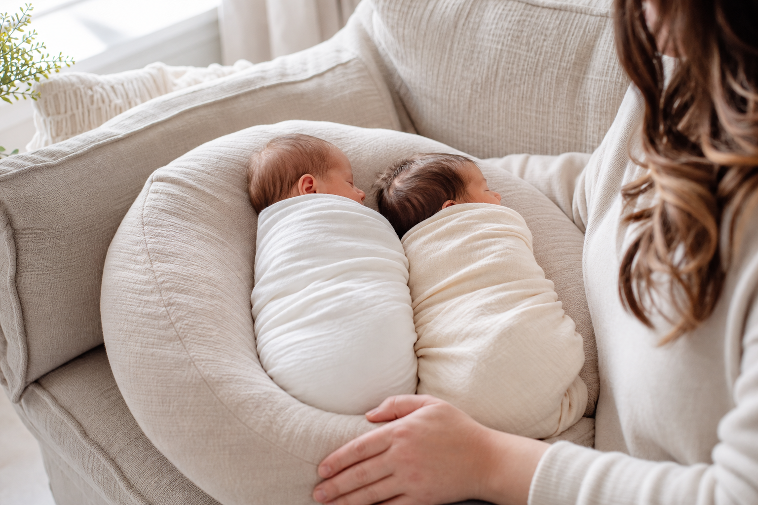 Tips for Breastfeeding Moms of Multiples 17 breastfeeding multiples tips — two swaddled newborns on a soft nursing pillow in a cozy home