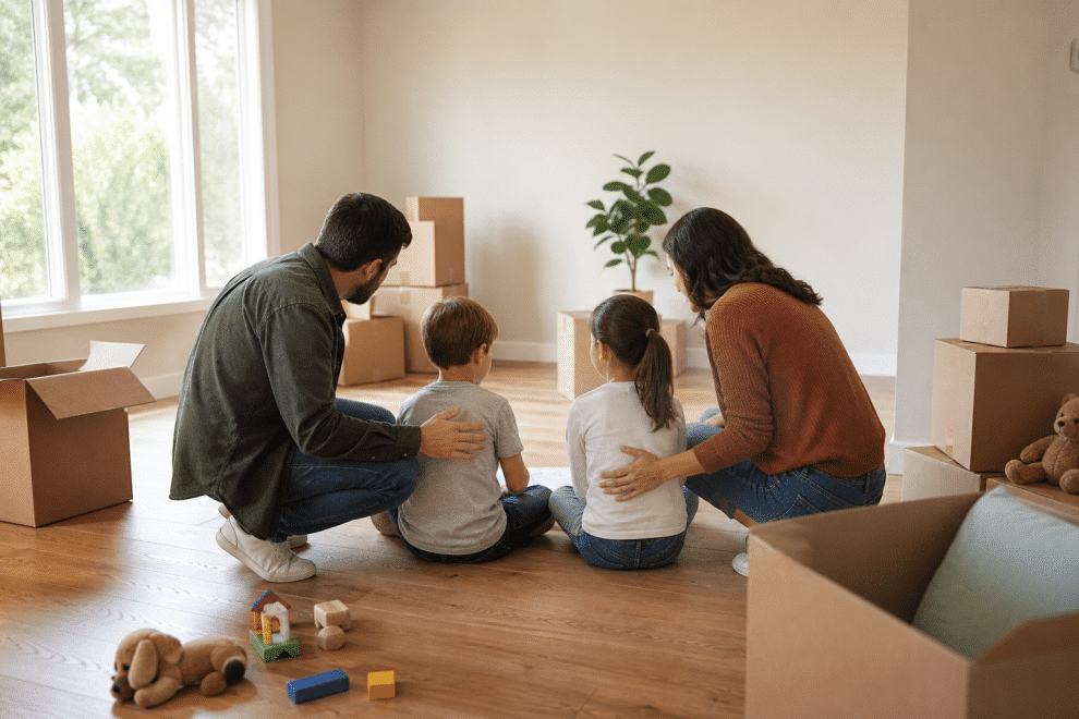 tips for moving with kids - family with moving boxes talking together