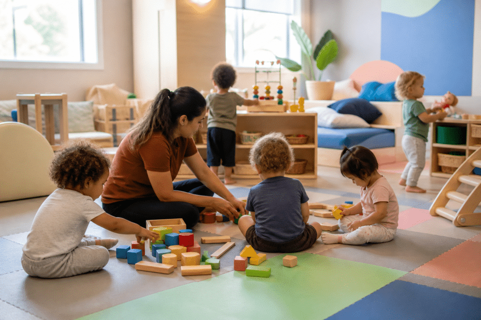 childcare provider with happy toddlers in safe nurturing daycare setting