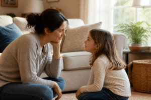parenting skills listening to your child parent kneeling at child eye level