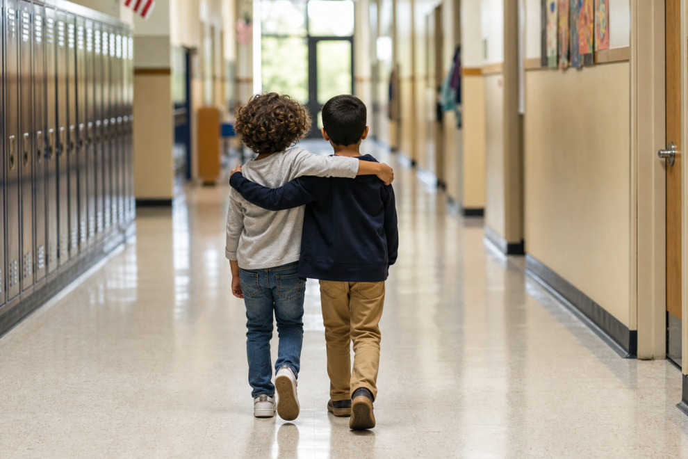 To Hug or Not to Hug 15 Hugging in school shown as a friendly hug between classmates