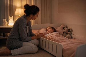 Toddler Separation Anxiety at Bedtime: Finding Calm in the Dark 12 Toddler separation anxiety at bedtime — a parent sitting on the floor next to a toddler's bed, holding their child's hand gently in a warmly lit room.