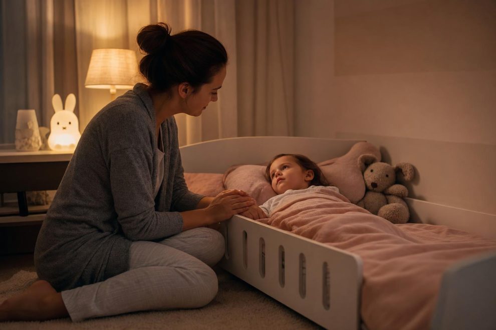 Toddler Separation Anxiety at Bedtime: Finding Calm in the Dark 7 Toddler separation anxiety at bedtime — a parent sitting on the floor next to a toddler's bed, holding their child's hand gently in a warmly lit room.